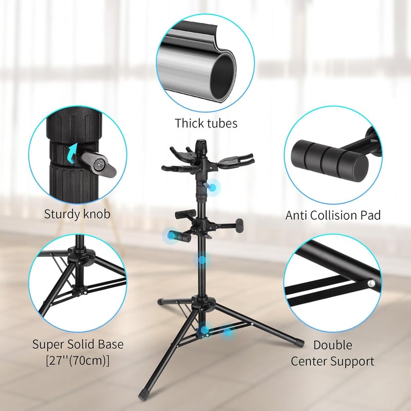 Guitto Triple Guitar Stand - Heavy Duty 3 Guitar Stand for Acoustic/Electric/Bass/Banjos, Auto-Lock Folding Design, Non-Slip Base & Anti-Rust - Portable for Stage/Travel/Studio GGS-06T - Image 2